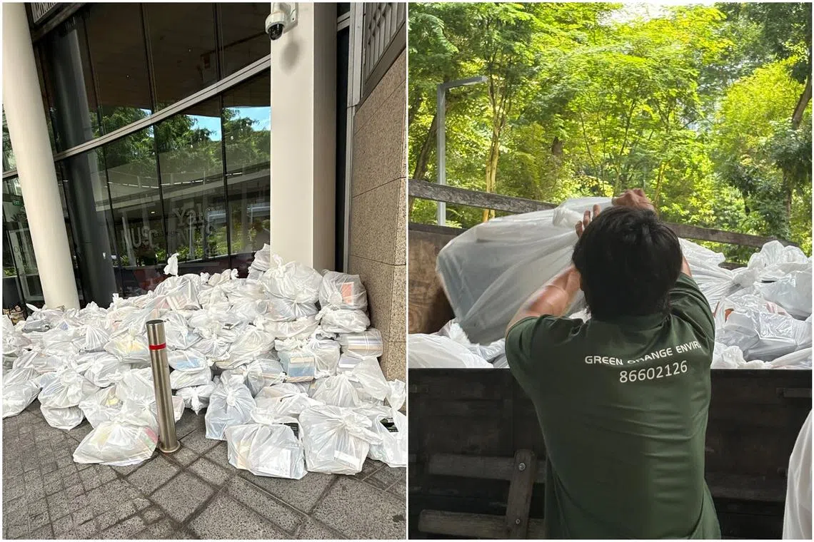 Photos and videos of a recycling company loading the books onto a truck on May 20 were shared on social media, drawing criticism from alumni who called the disposal wasteful and distressing. Photo: Straits Times (2025) Piles of plastic bags containing books were spotted outside the Yale-NUS College library on May 20, prompting questions and concern from alumni. Photo: Straits Times (2025) Video: CNA on Youtube Bags of books placed loaded in a truck at the Yale-NUS College campus. Photo: CNA (2025)